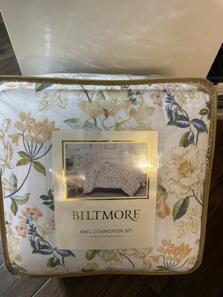 New Biltmore Abloom White Yellow Multi King Comforter & Shams Set 3pc