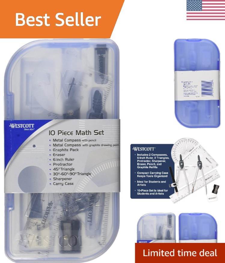 10-Piece Math Set for Students, Includes 2 Compasses, Protractor & Ruler, Bac...