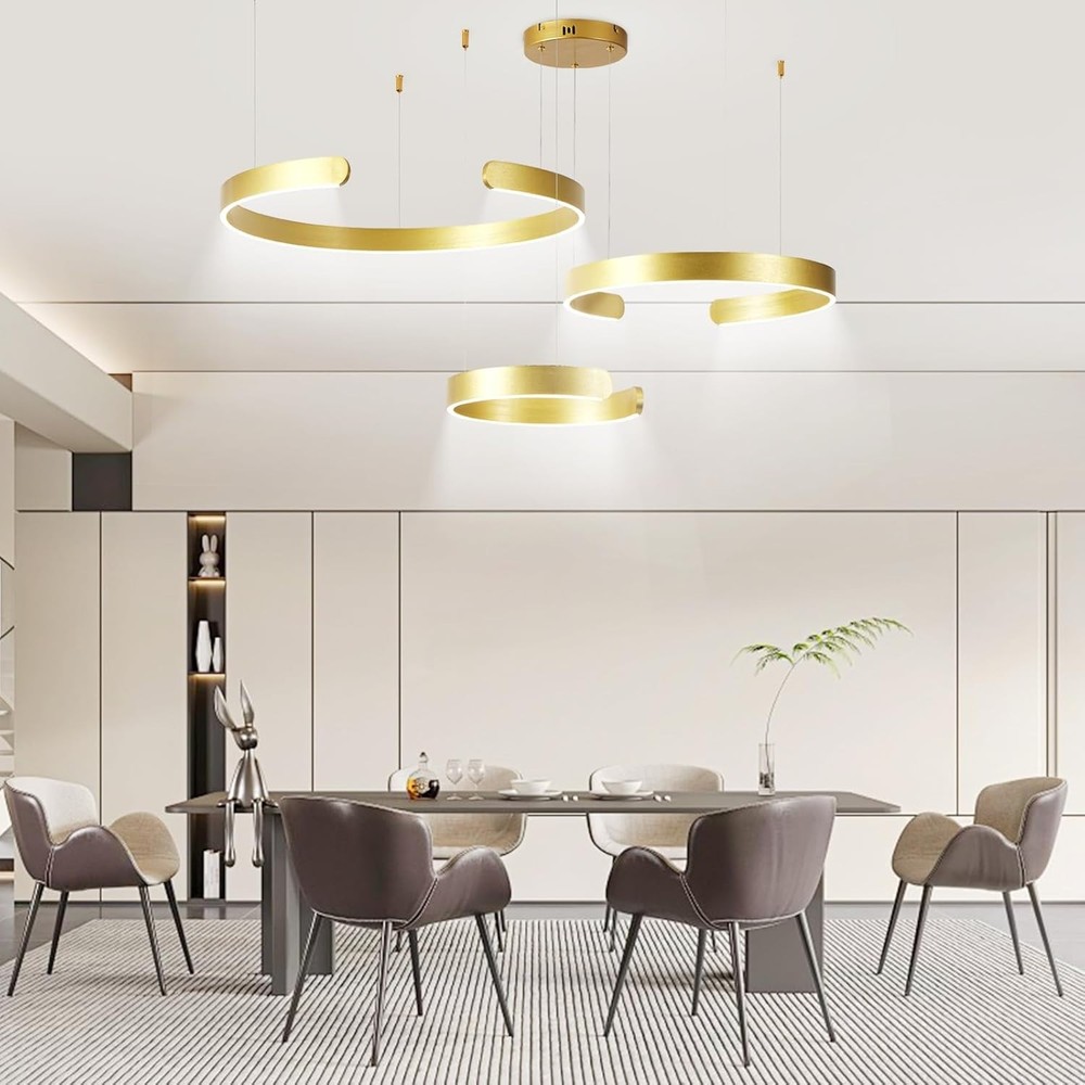 Modern Gold LED Ring Chandelier 3-Ring Dimmable Ceiling Light w/ Remote Adjust