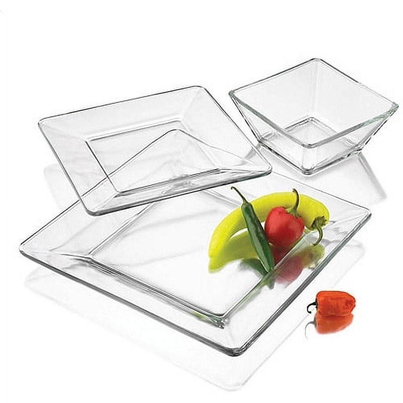 12 Piece Clear Glass Dinnerware Set Dishwasher Safe Plates Bowls Salad Stackable