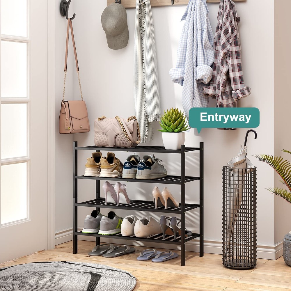 4-Tier Black Bamboo Shoe Rack for Entryway, Stackable | Foldable | Natural, S...