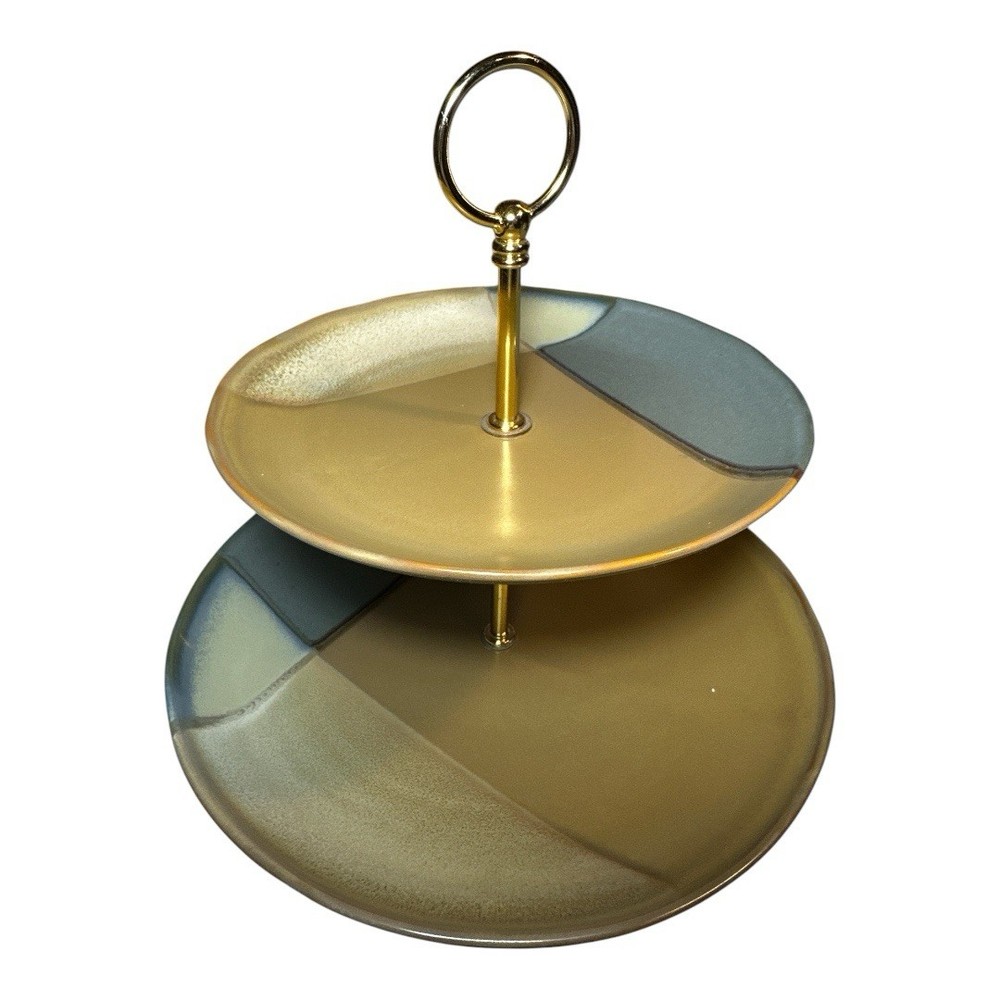 Sango Gold Dusk Green Ceramic Two-Tier Round Serving Tray