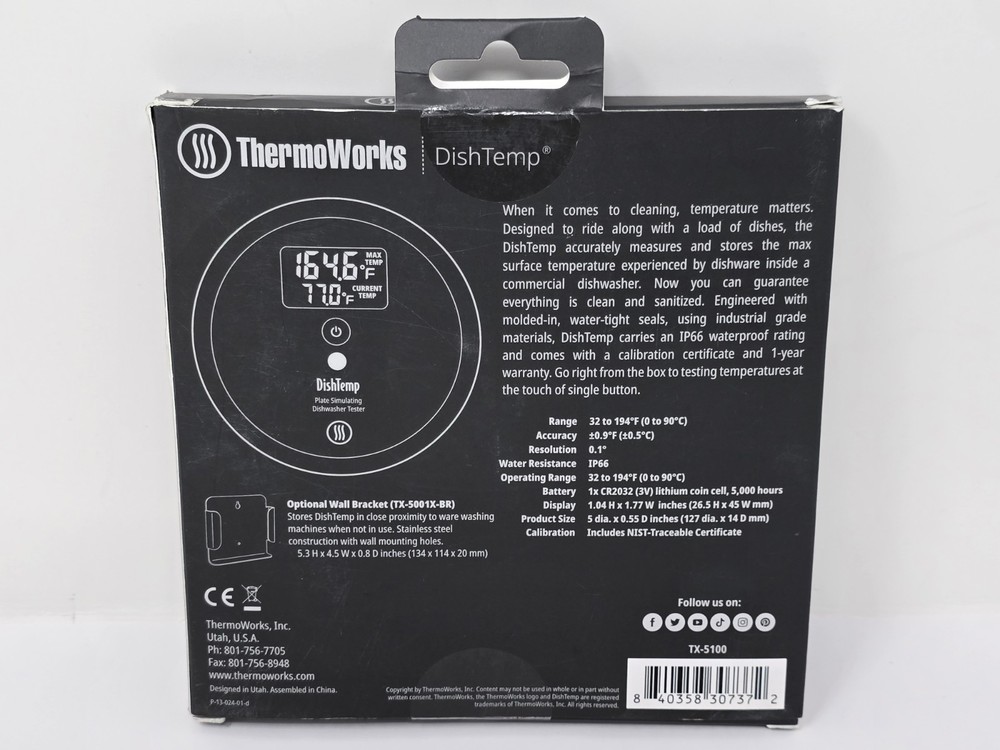 ThermoWorks DishTemp TX-5100 Plate Simulating Dishwasher Thermometer - Open Box