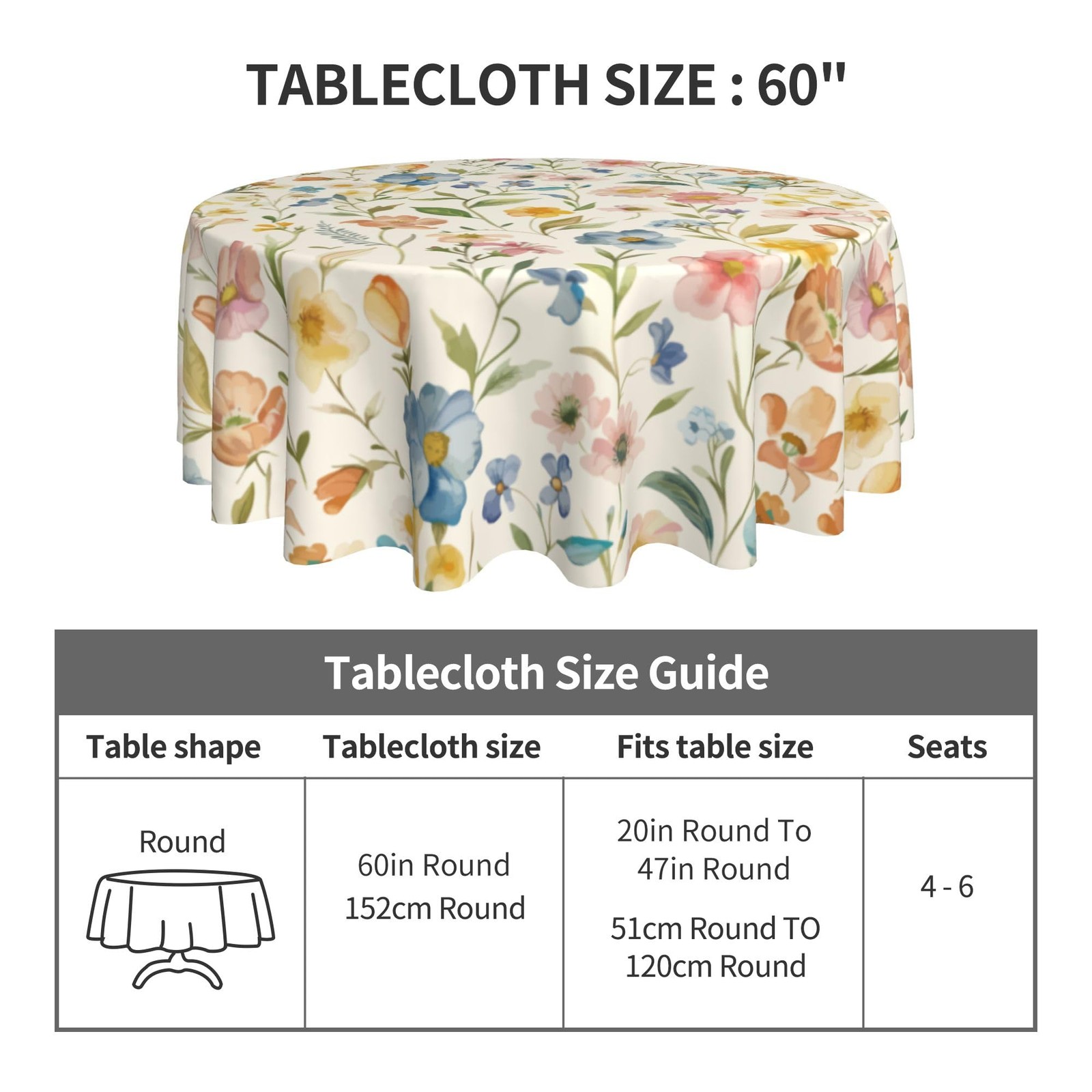 Spring Round Tablecloth 60 Inch Watercolor Flowers Table Anti-Wrinkle Waterpr...
