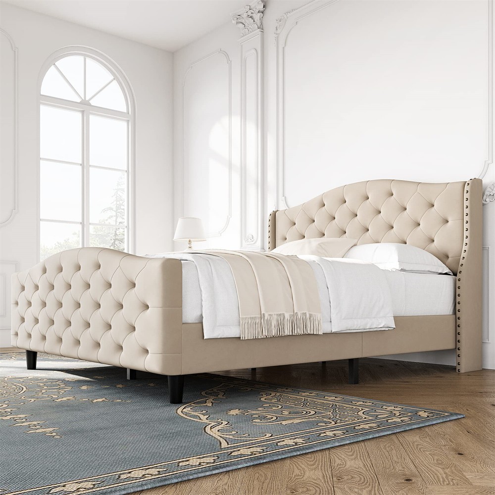 ⭐Bed Frame,Upholstered Bed Frame w/Headboard & Footboard, Modern Button Tufted