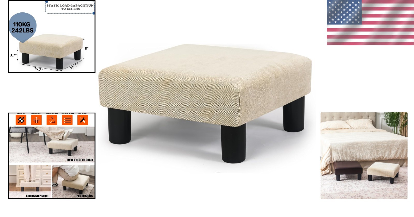 Compact Square Fabric Footstool Ottoman 15" Wheat Mid-Century Modern Desk Accent