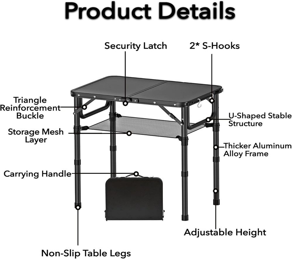 Small Folding Camping Table with Storage Net, 3 Adjustable Heights Foldable Tabl