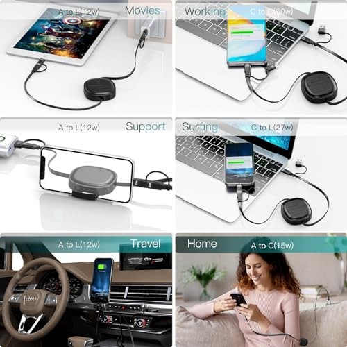 Multi Charging Cable, 2Pack 5 in 1 Retractable Lightning Charger Cable 60W