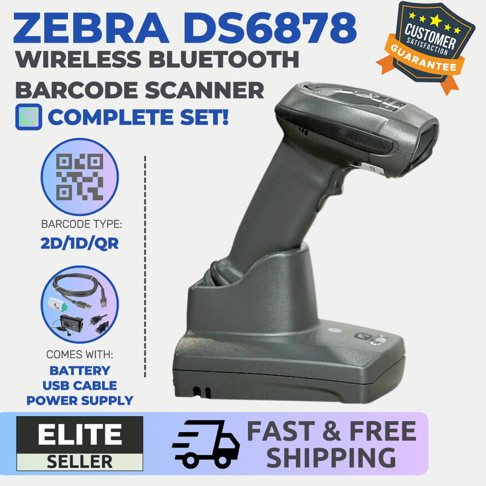 ✅Zebra Wireless Barcode Scanner DS6878, Bluetooth 2D/1D/QR w/ Cradle & Cable!⭐🔥