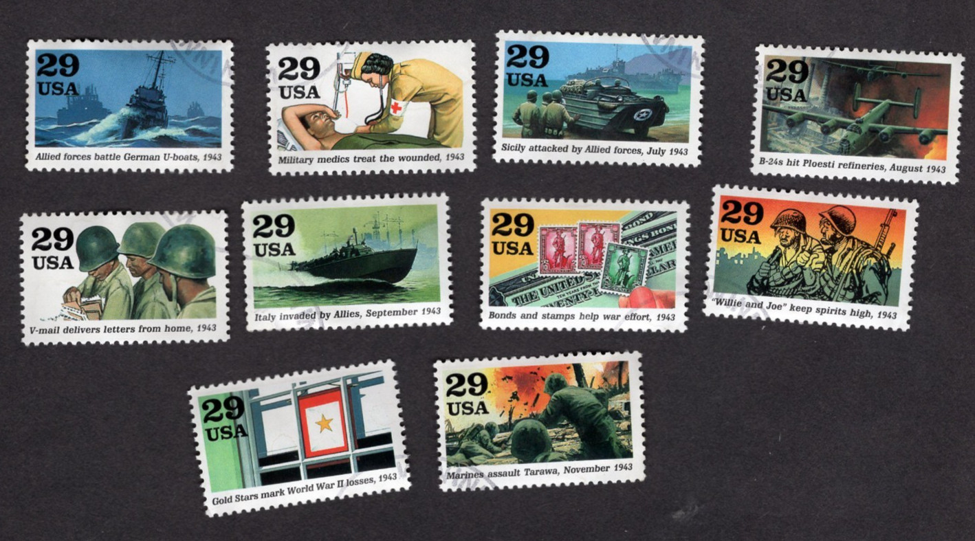 #2765 a-j - 1943: Turning The Tide Stamps, Used Set, 29 cent, Off Paper