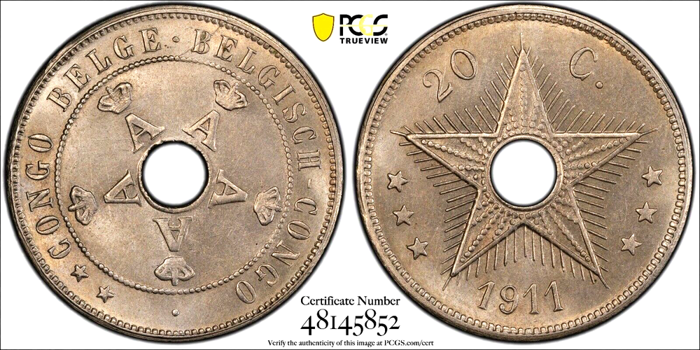 1911 Belgian Congo 20 Centimes, PCGS MS 64, KM-19