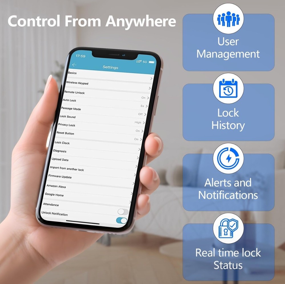 Keyless Fingerprint Smart Door Lock with Code Passcode & Door Handle App Control