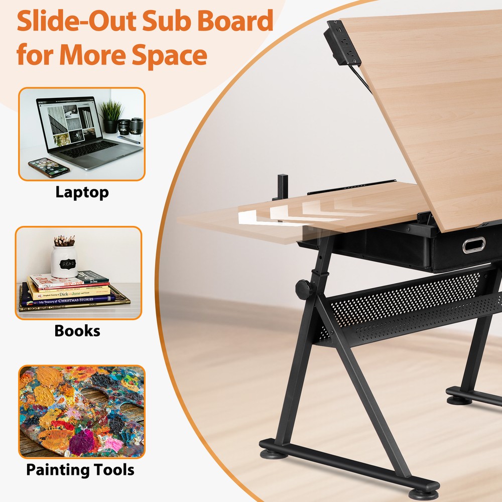 Adjustable Drafting Table Tilting Wooden Drawing Desk w/Charging Station & Stool
