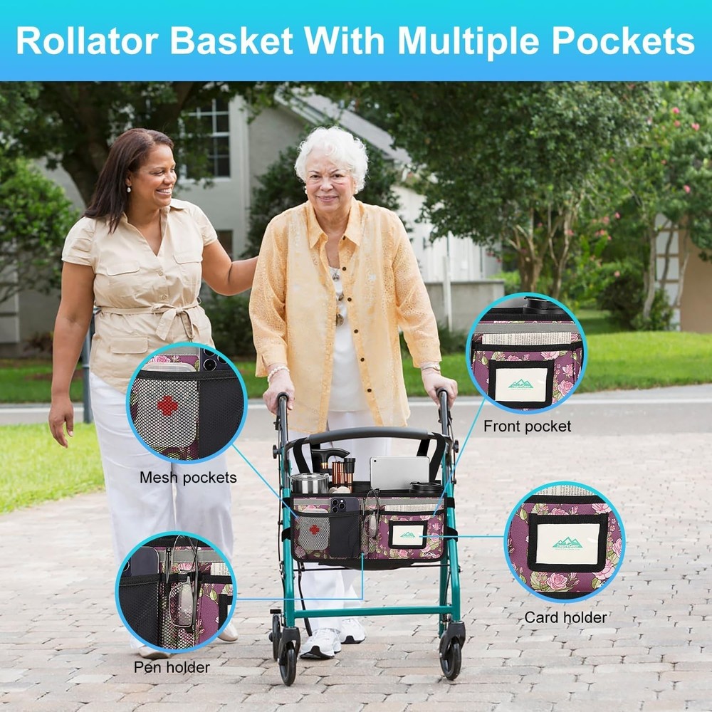 Rollator Basket, Rollator Walker Bag w/Cup Holder, Foldable Rolling Walker Wa...