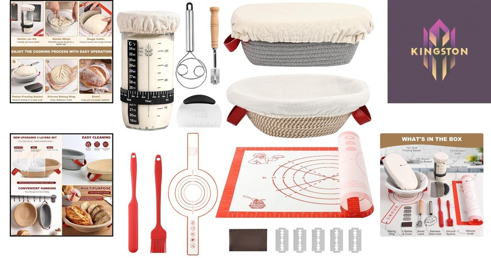 Rustic 14pcs Sourdough Starter Kit: Round & Oval Baskets with Baking Essentials