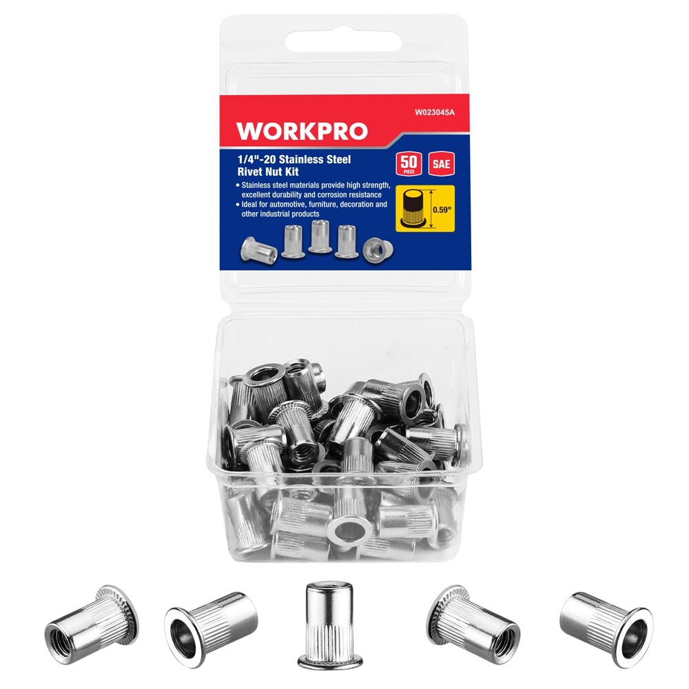 WORKPRO 50PC Rivet Nuts 1/4"-20 Flat Head Threaded Insert Stainless Steel Rivnut