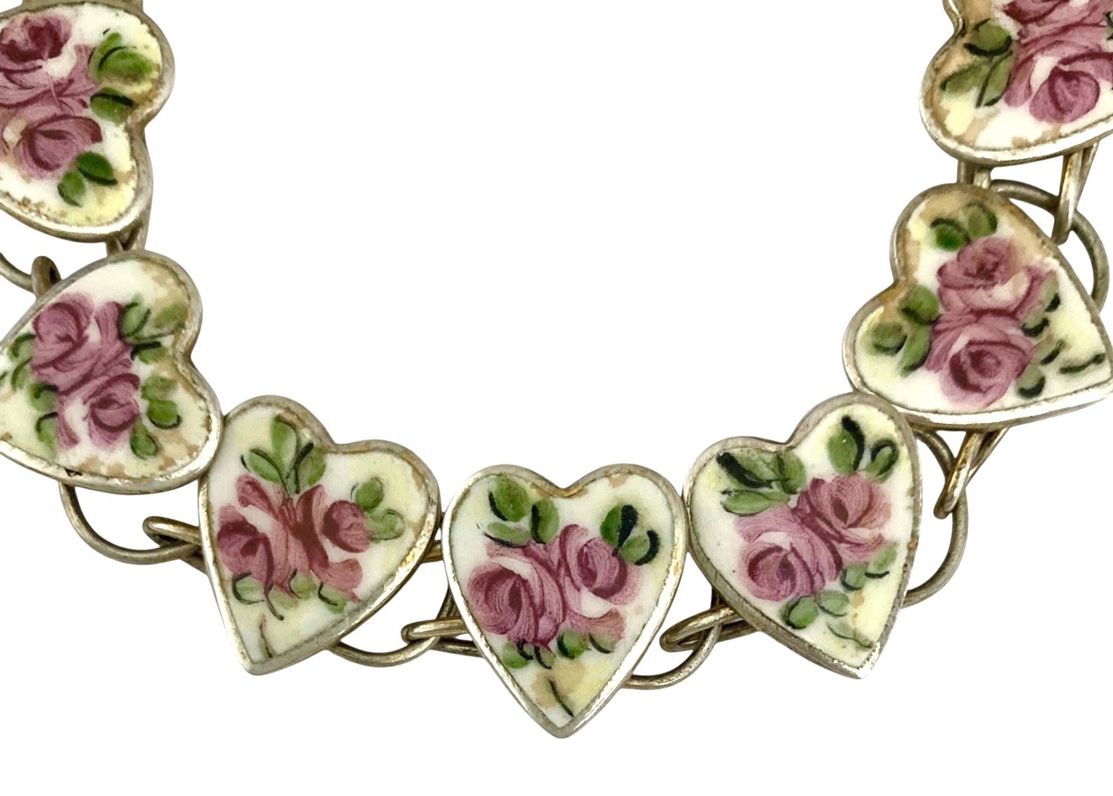 ANTIQUE ART DECO Sterling Gold Vermeil PINK ROSE SWEETHEART Link Bracelet