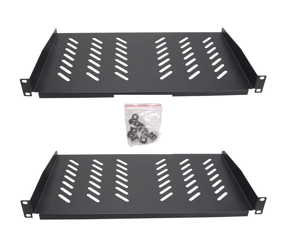2-Pack - 1U 19” Server Shelf Vented Rack Mounts 10” Deep Tray Storage Set Black