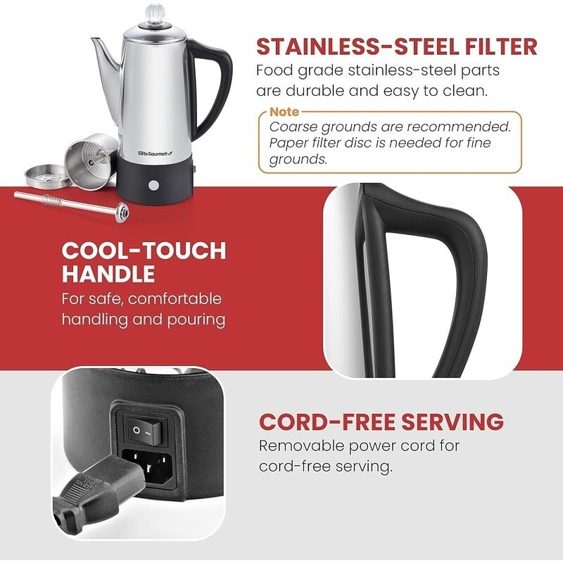 Electric 6 Cup Coffee Percolator W/ Keep Warm Auto Shut Off Cool Touch Handle US