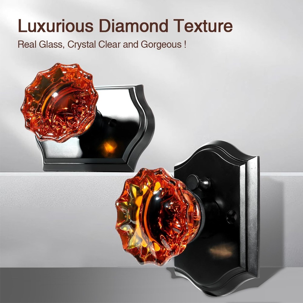 Crystal Door Knobs, Black Brown Glass Door Knobs Interior Rose Shape with Loc...