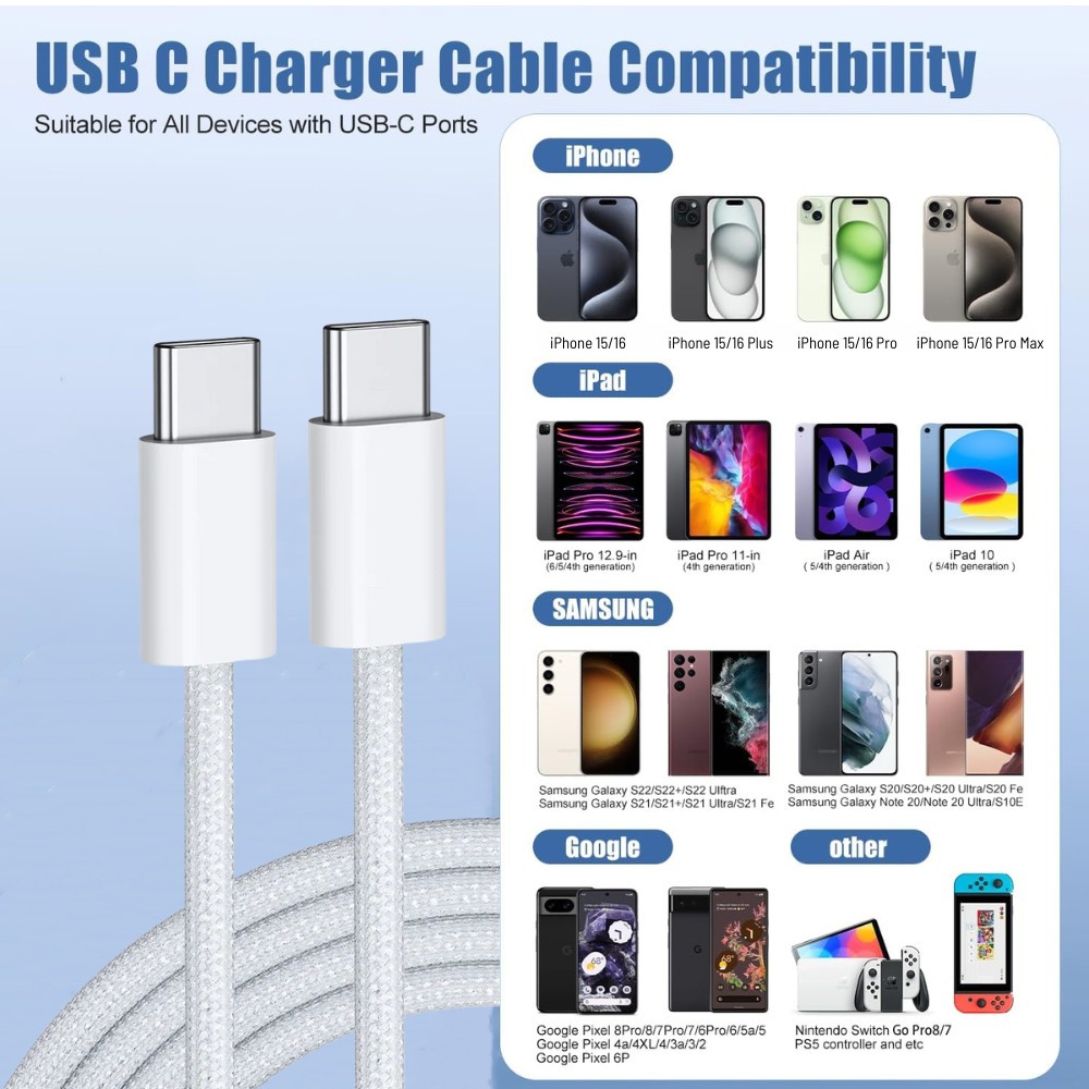 3FT USB-C to USB-C Braided Fast Charging Cable For iPhone 17 16 15 Pro MAX