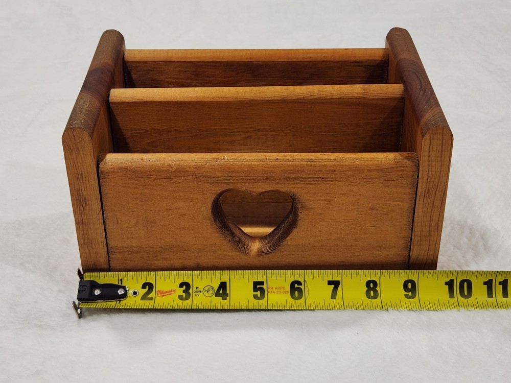 Vtg Heart Cutout Handmade Solid Pine Desk Organizer / Mail Sorter