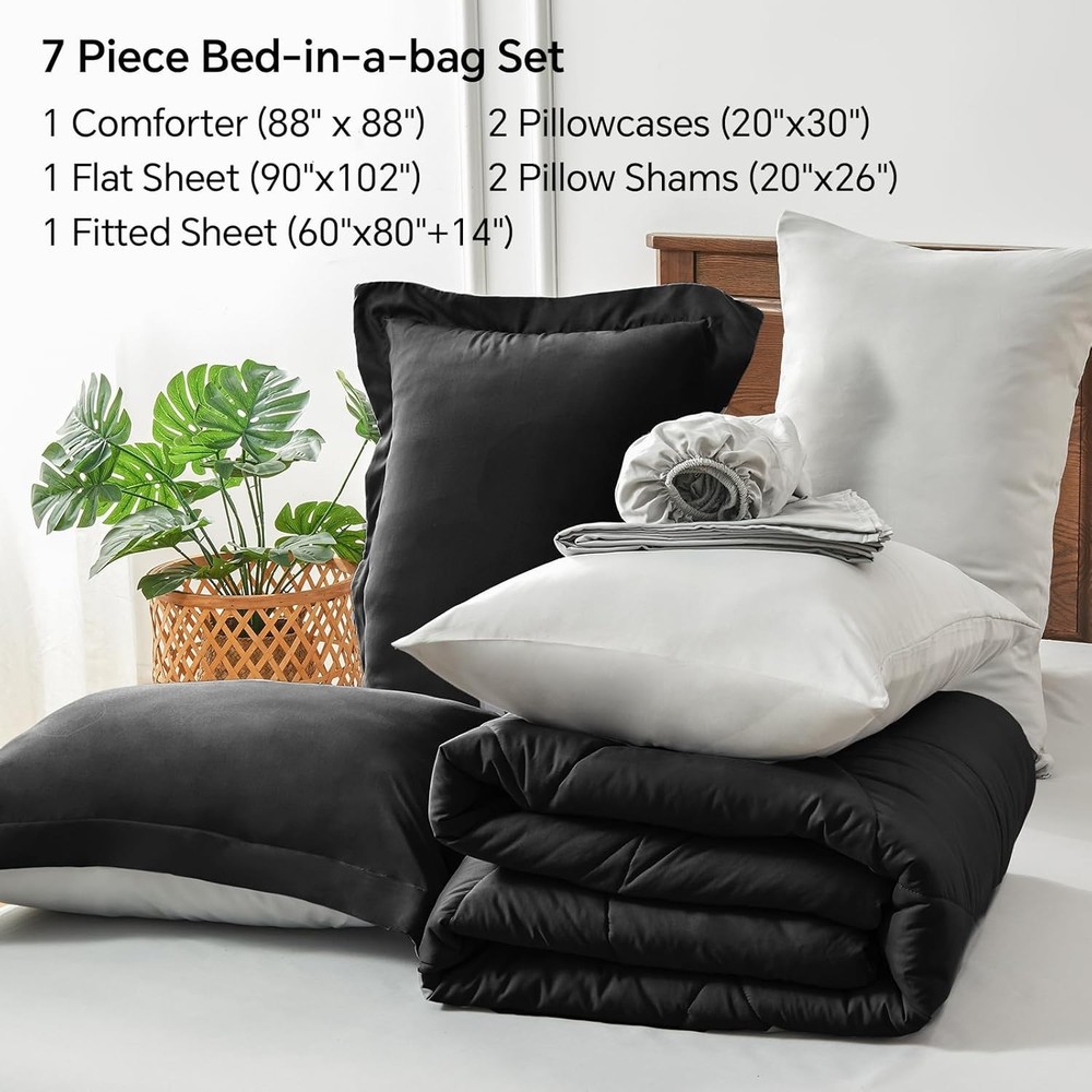 7-Piece Reversible Queen Comforter Set in Soft Black Microfiber - All-Season ...