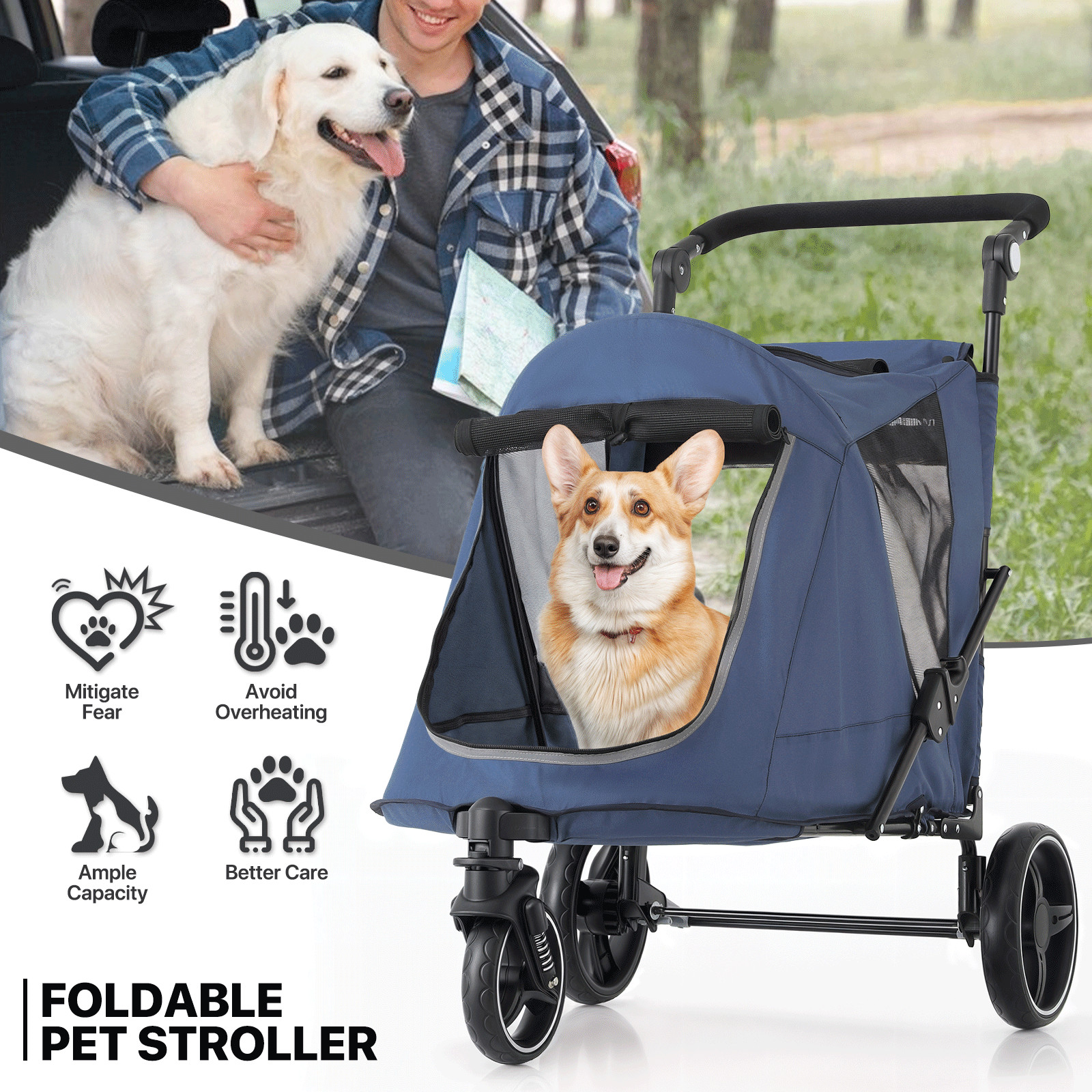 Foldable Dog Stroller Breathable Pet Travel Carrier Cart w/Foot Activated Lock