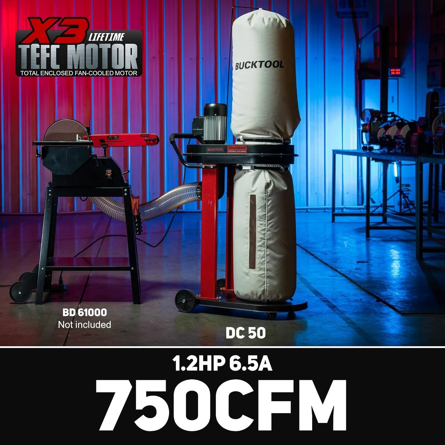 BUCKTOOL 1.2 HP Auto Start 750CFM Dust Collector with 3 Dust Collection Bag