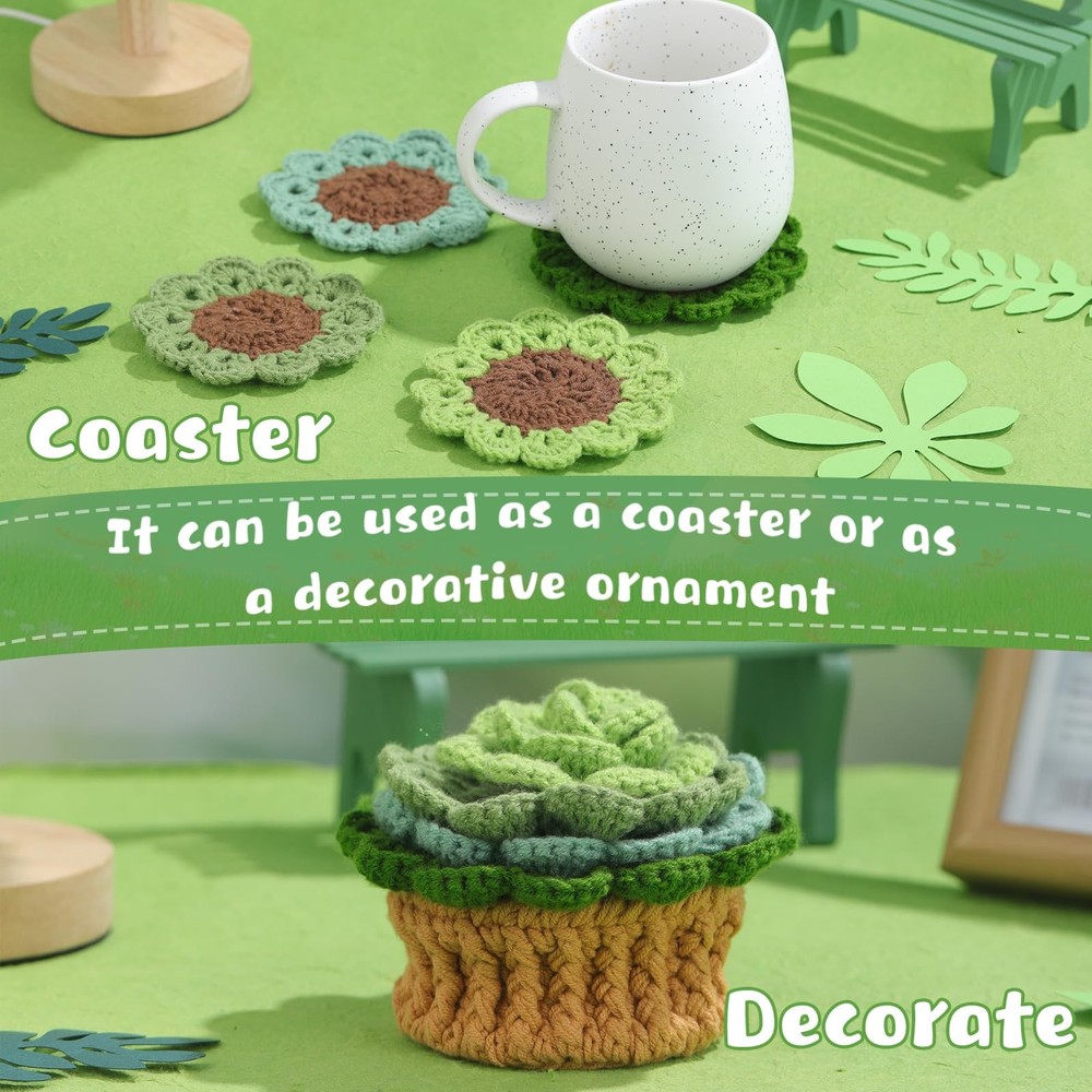 Crochet Kit for Beginners Plant Coasters Easy Learning Hook Yarn Set