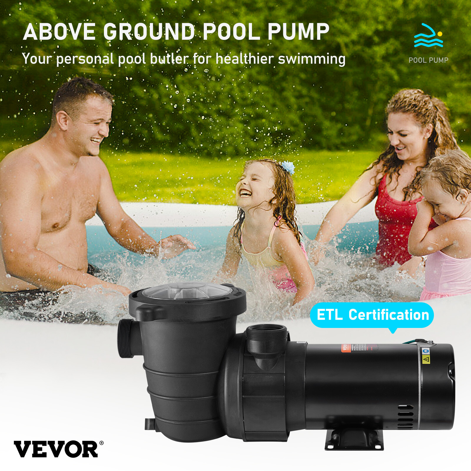 VEVOR Swimming Pool Pump 2 HP Filter Pump 90 GPM w/Strainer Above Ground
