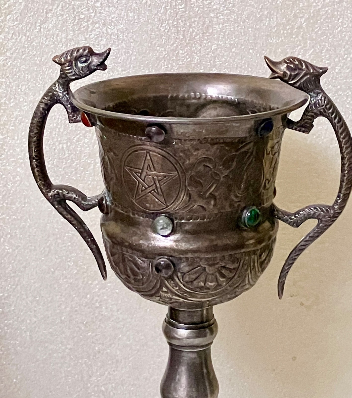 Chalice Carbochons Dragons Pentacle Stars Pentagram Hand Made Silver Plated 13”