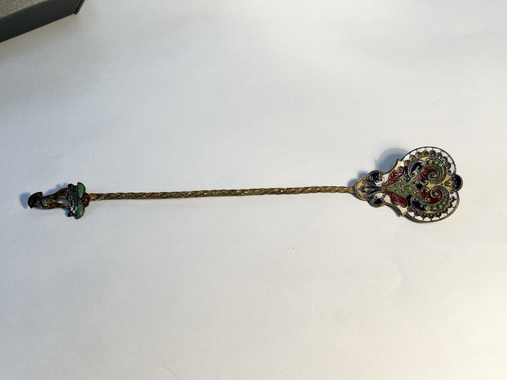 Antique Brass Champlevé Enamel Figural Sphinx Spoon Twisted Handle 19th