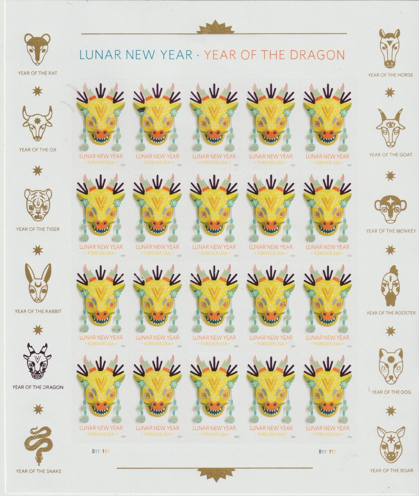 USPS Lunar New Year - Year of the Dragon Peel and Stick Sheet of 20 stamps