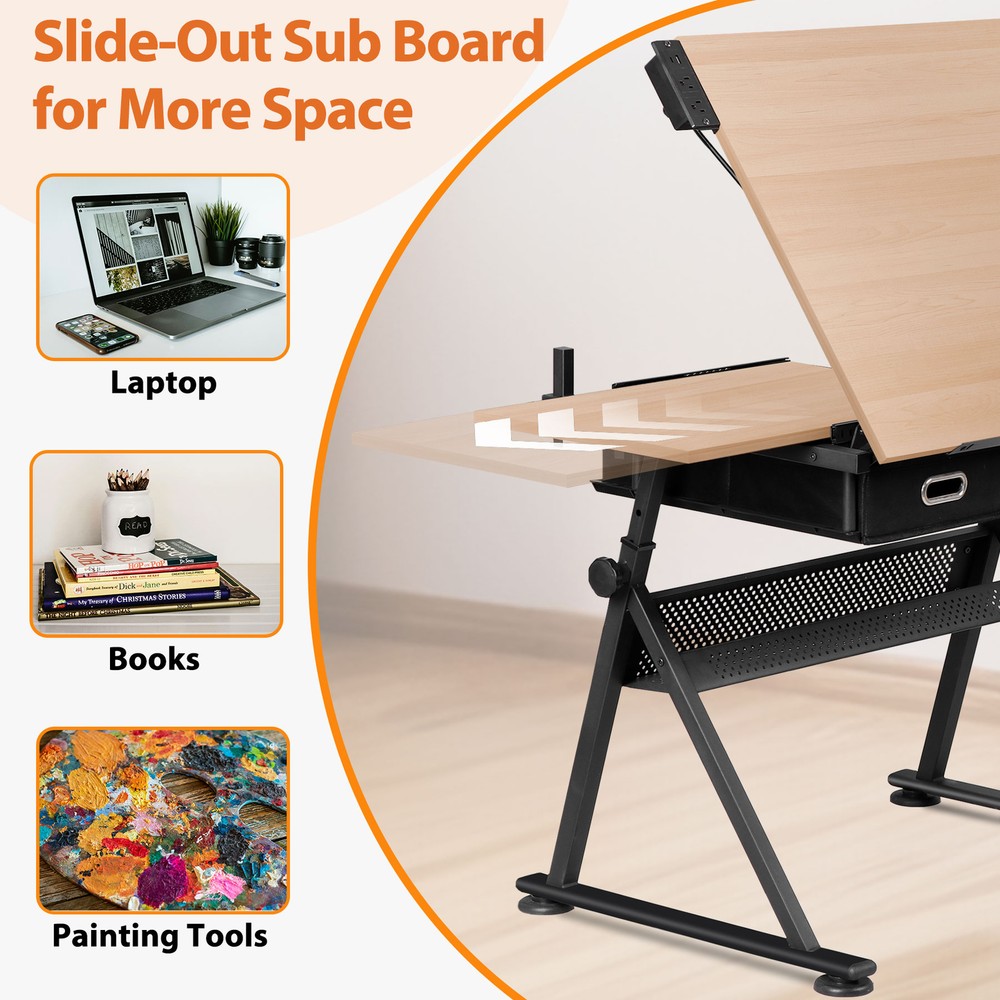 Drafting Table and Stool Set with Tilted Tabletop and Adjustable Height Natural