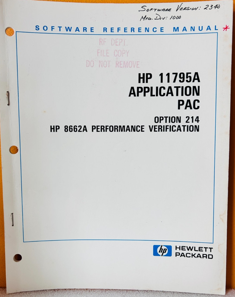 HP 11795-90004 Model 11795A Application PAC Opt 214 Software Reference Manual.