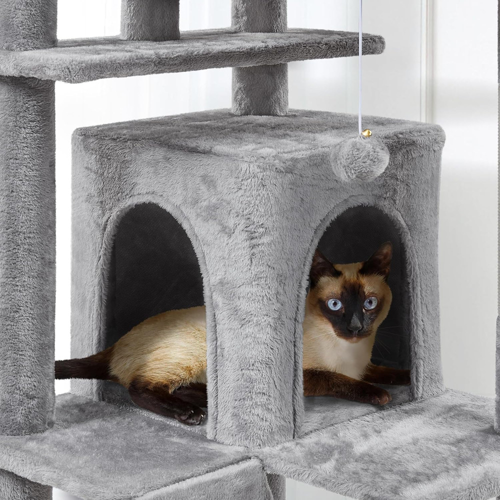 80" Tall Cat Tree with Scratching Posts, Caves, and Platforms - Light Gray