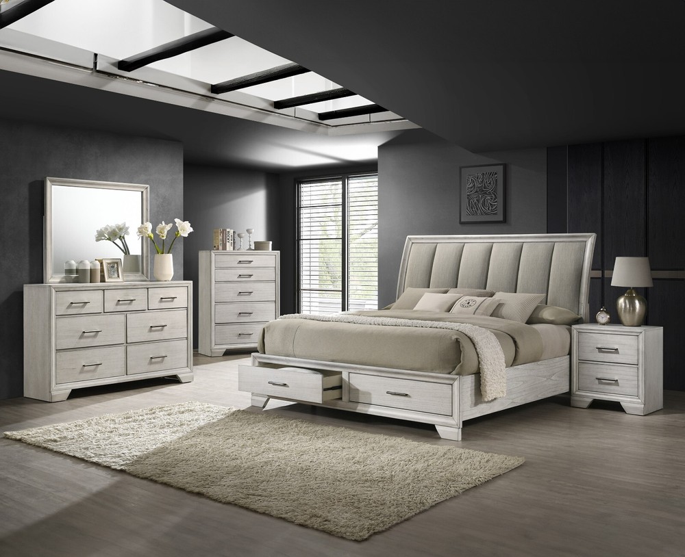 6Pc King Size Platform Storage Platform Bed Set White Cream Finish Solid Wood
