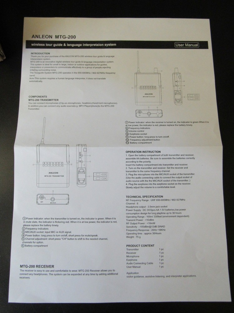 ANLEON MTG-200 Wireless Tour Guide & Language Interpretation System-3 Receivers