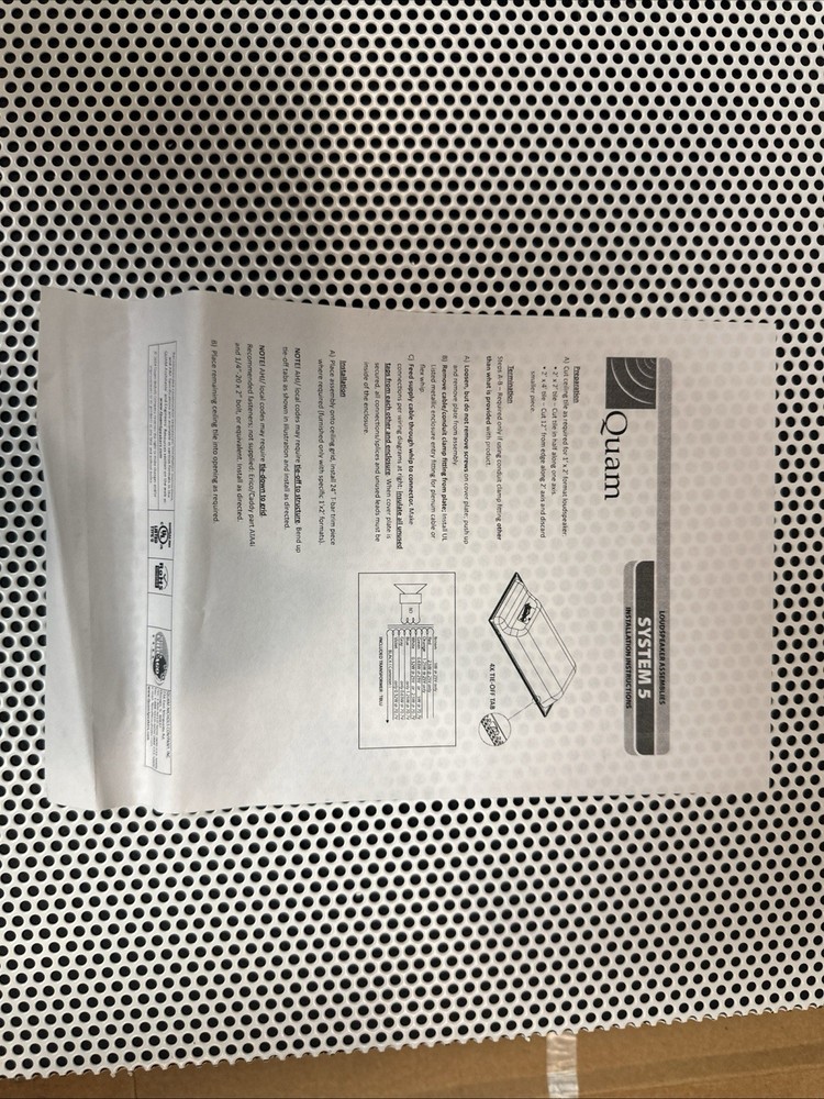 Quam System 5/8 1' x 2' class Ceiling Speaker 8Ω Missing 24” T Bar