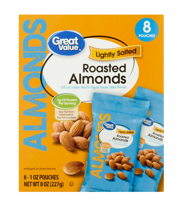 Great Value Lightly Salted Roasted Almonds, 1 oz, 8 Count