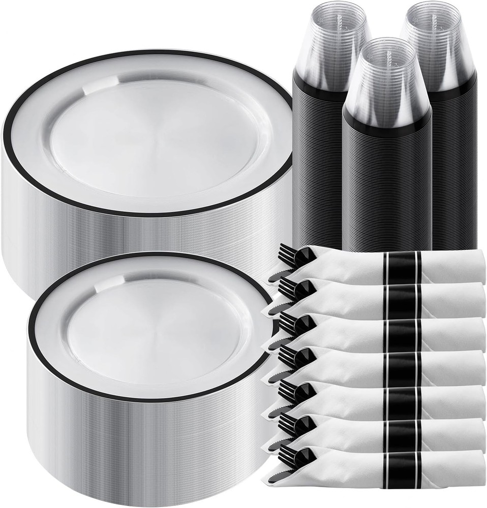 350 Piece Black Plastic Dinnerware Set for Party, Clear Disposable Plates