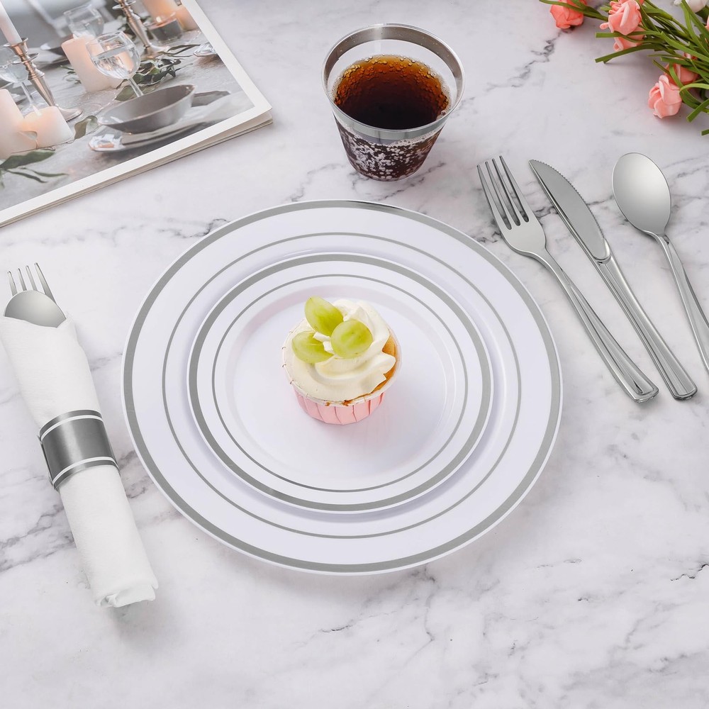 100 Pack Pre Rolled Silver Plastic Silverware, Wrapped Plastic Cutlery Set wi...