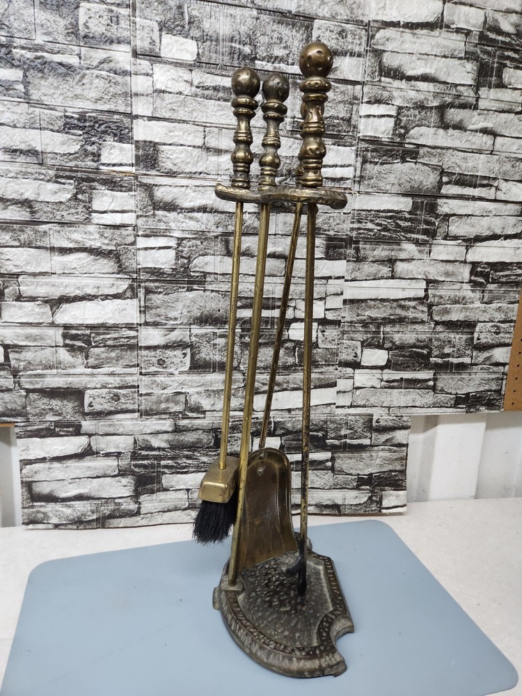 Vintage Solid Brass Fireplace Tool Set with Decorative Stand