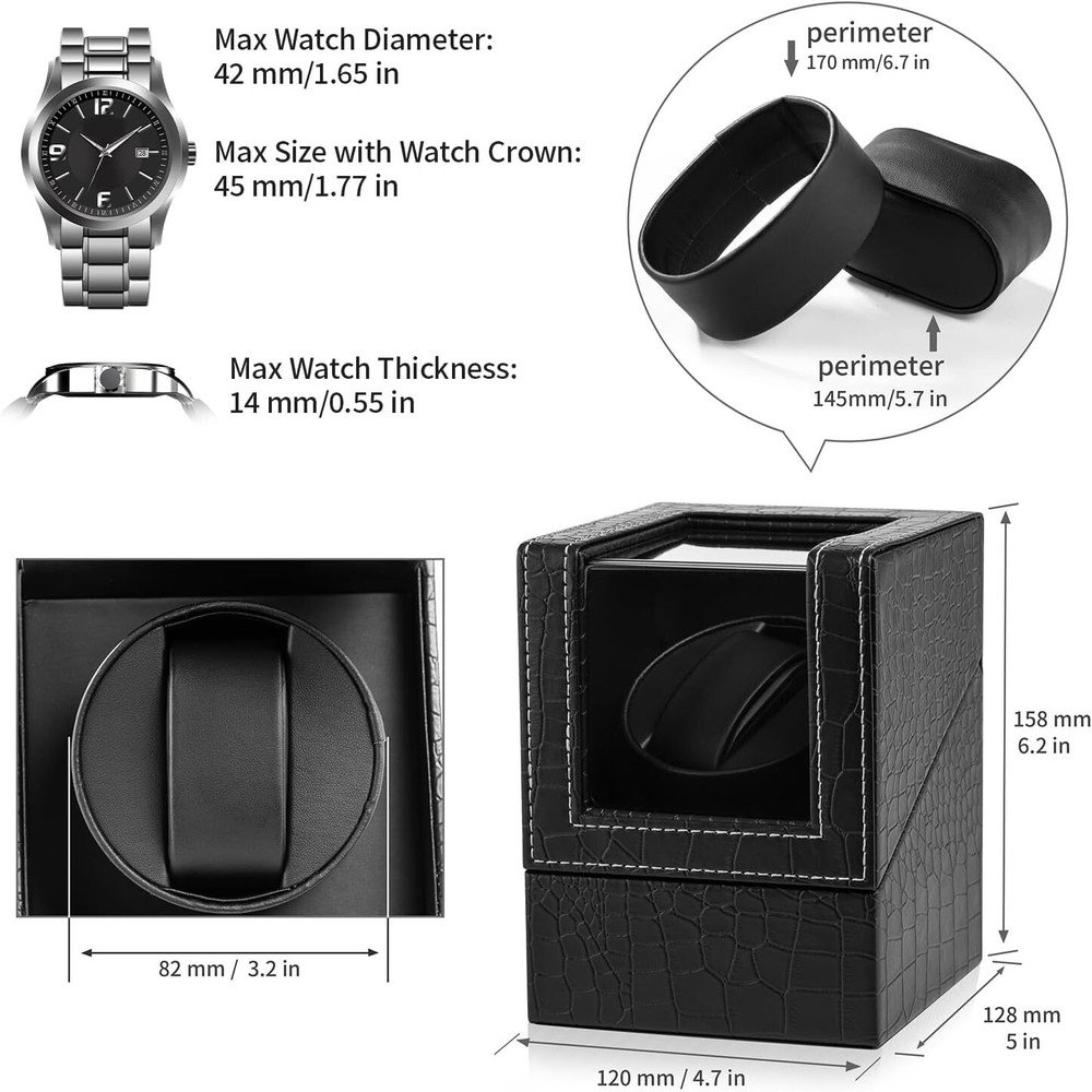 Efaithtek Automatic Single Watch Winder in Black Crocodile Pattern Leather