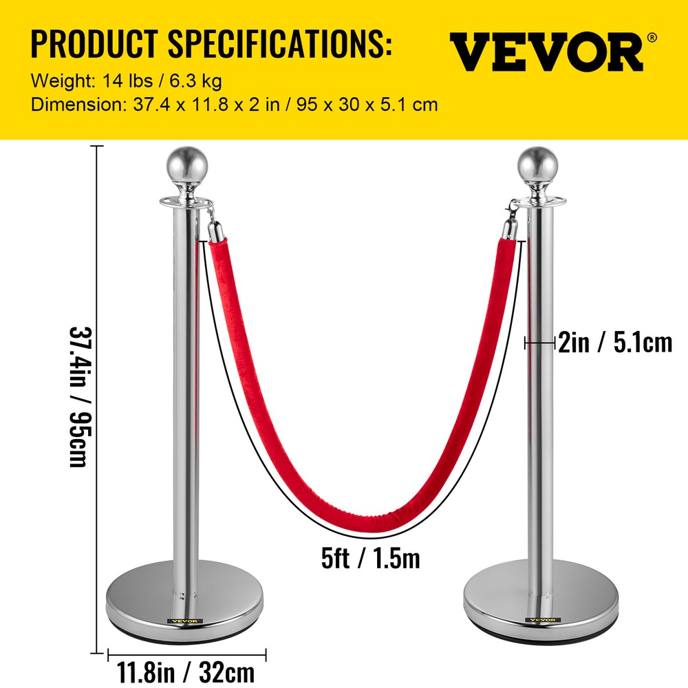 6PCS Silver Stanchion Posts Queue Crowd Control Barrier with 3 Velvet Ropes