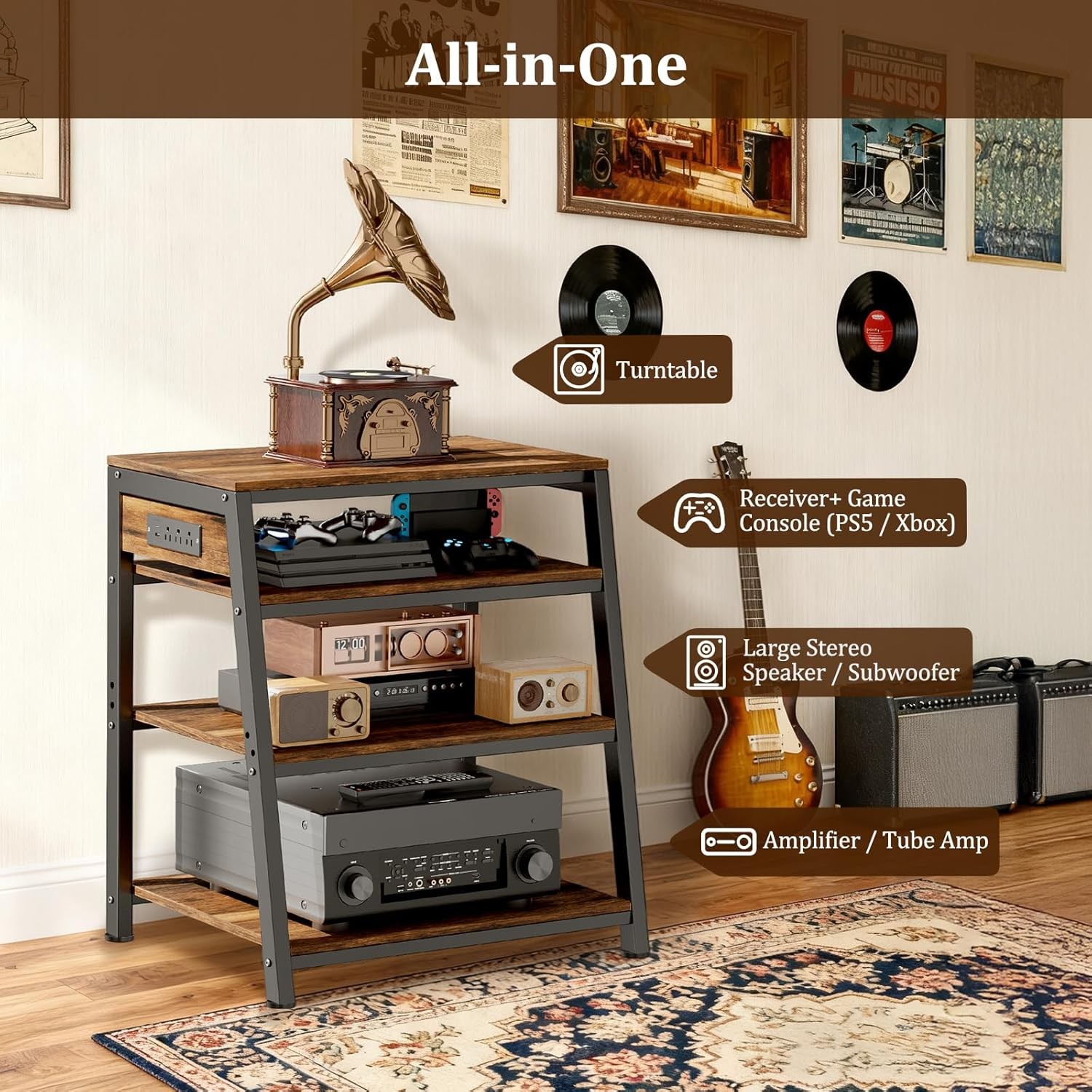 AV Media Stand Stereo Cabinet Audio Rack W/ Side Power Strip Shelves 4-Tier