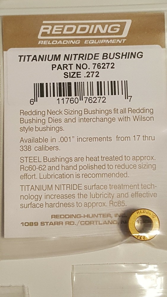 76272 REDDING TITANIUM NITRIDE .272 NECK SIZE BUSHING - BRAND NEW - FREE SHIP