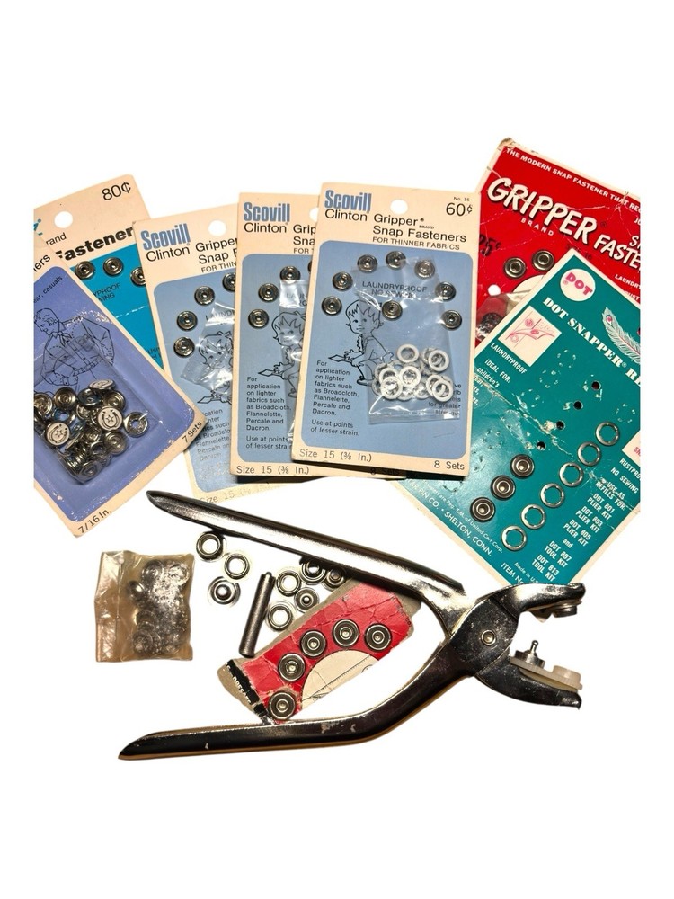 Vintage Sewing Snap Fasteners, Button Covers Lot With Tools