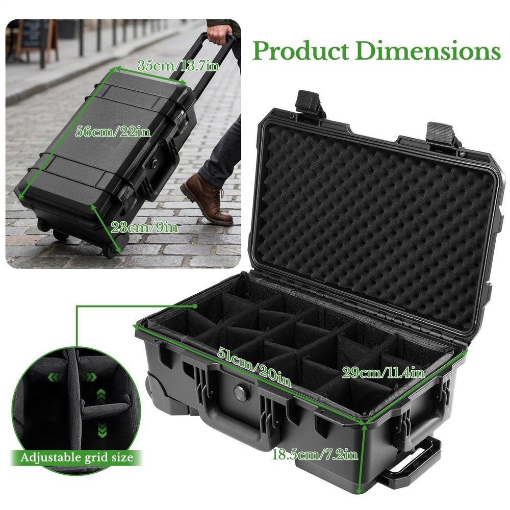 Rolling Hard Camera Case with Wheels, Large, Black, Solid, 22"L x 14"W x 9"H